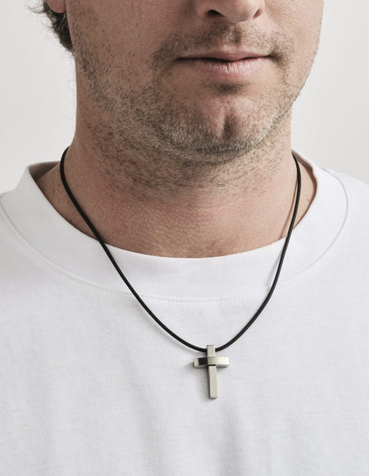 Polished Stainless Steel Cross Pendant on Rubber Chain