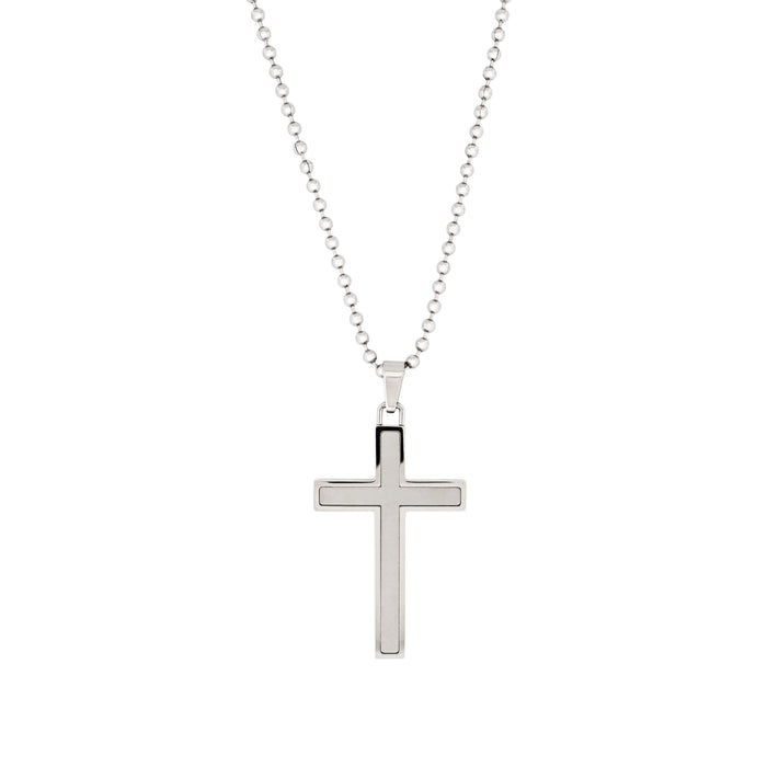 Polished Stainless Steel Cross Pendant with Ion Plated Pearl Inlay on Ball Chain