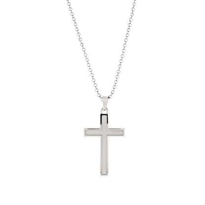 Polished Stainless Steel Cross Pendant with Ion Plated Pearl Inlay on Ball Chain