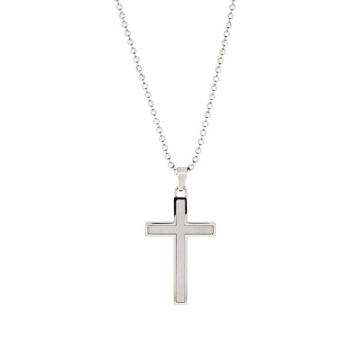 Polished Stainless Steel Cross Pendant with Ion Plated Pearl Inlay on Ball Chain
