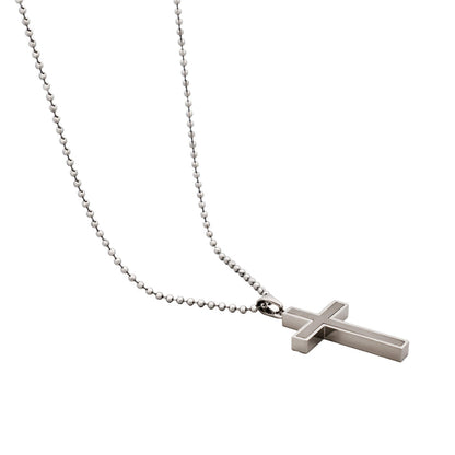 Polished Stainless Steel Cross Pendant with Ion Plated Pearl Inlay on Ball Chain