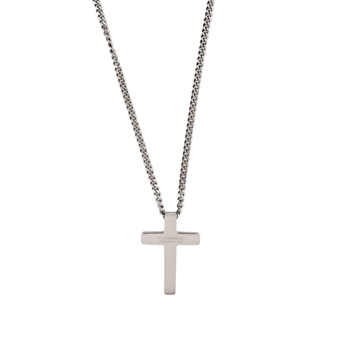 Polished Stainless Steel Cross Pendant with Ion Plated Pearl Inlay on Ball Chain