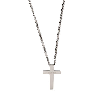Polished Stainless Steel Cross Pendant with Ion Plated Pearl Inlay on Ball Chain