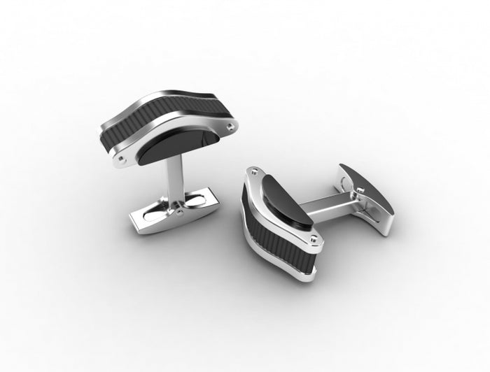 Polished Stainless Steel Cufflinks with Ion Plated Black Corrugated Inlay & Side Detail