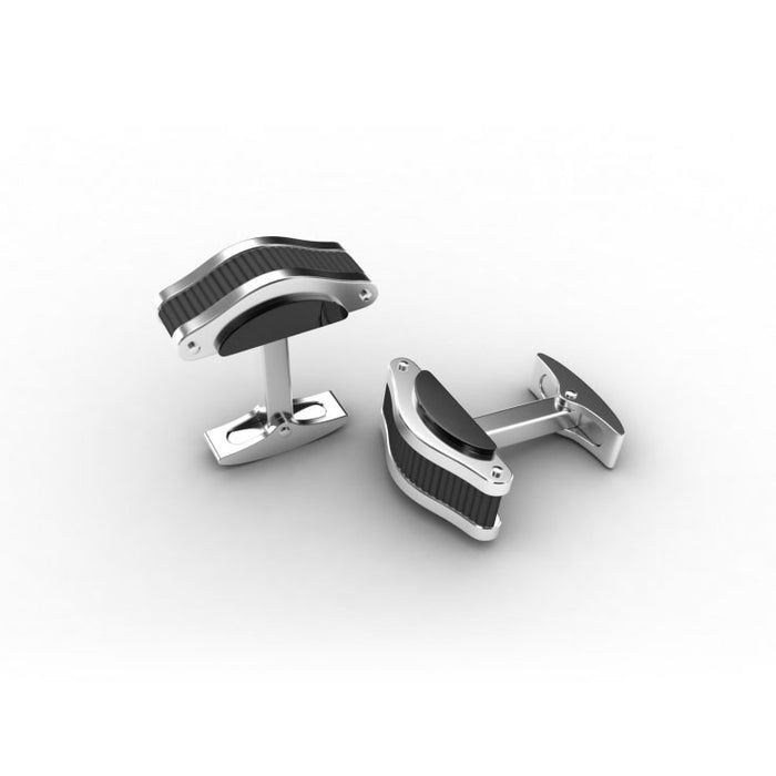 Polished Stainless Steel Cufflinks with Ion Plated Black Corrugated Inlay & Side Detail