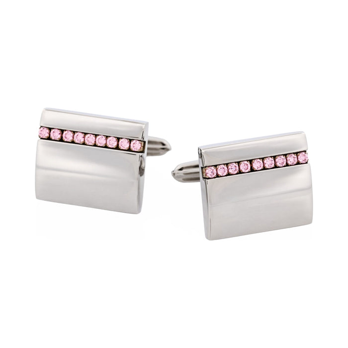 Polished Stainless Steel Curved Face & Pink Cubic Zirconia Cufflinks
