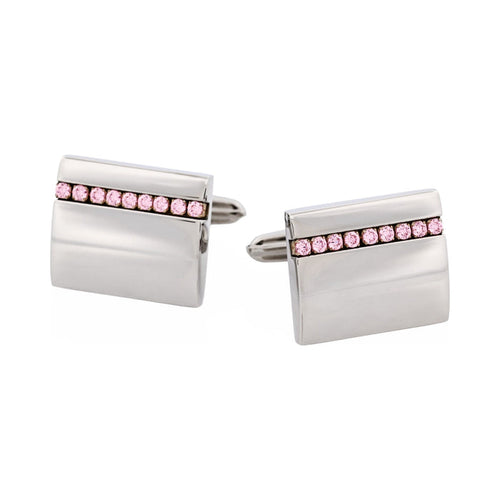 Polished Stainless Steel Curved Face & Pink Cubic Zirconia Cufflinks