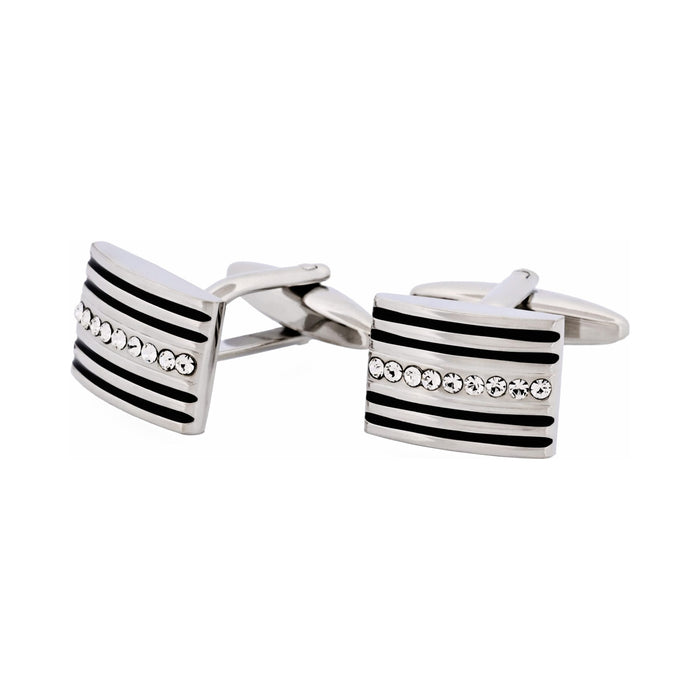 Rhodium Plated Crystal & Black Enamel Cufflinks