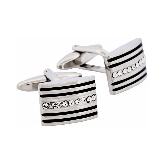 Rhodium Plated Crystal & Black Enamel Cufflinks