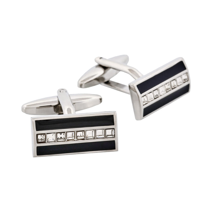 Rhodium Plated Onyx & Crystal Rectangle Cufflinks