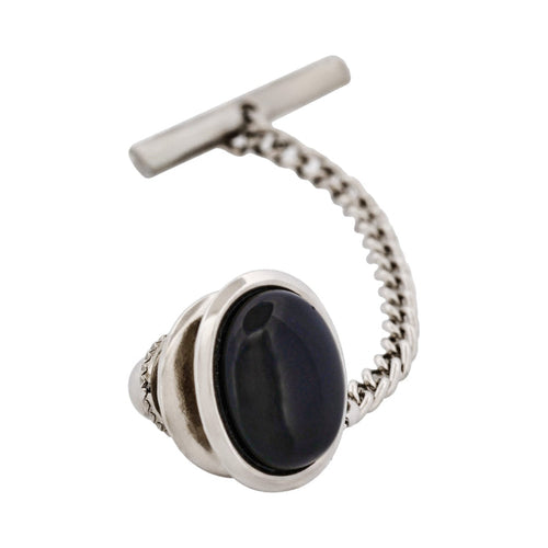 Rhodium Plated Onyx & Oval Tie Tak & Chain