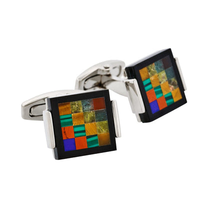 Rhodium Plated Onyx & Tiger Eye & Unakite & Green Aventurine & Red Agate Cufflinks