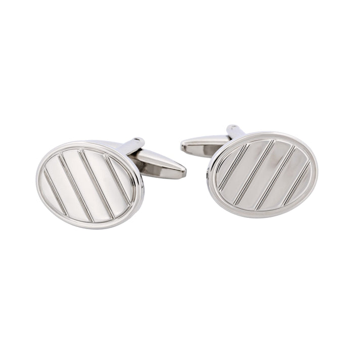 Rhodium Plated Oval Brushed Striped Cufflinks