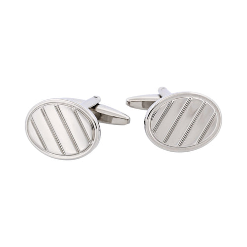 Rhodium Plated Oval Brushed Striped Cufflinks