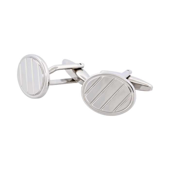 Rhodium Plated Oval Brushed Striped Cufflinks