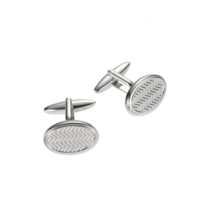 Rhodium Plated Oval Herringbone Patterned Cufflinks