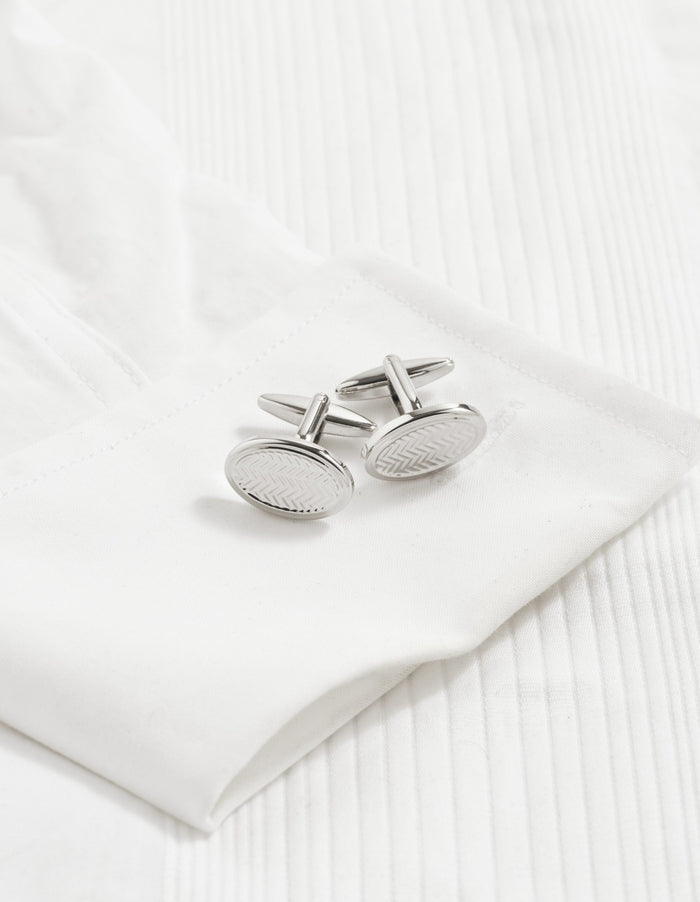 Rhodium Plated Oval Herringbone Patterned Cufflinks