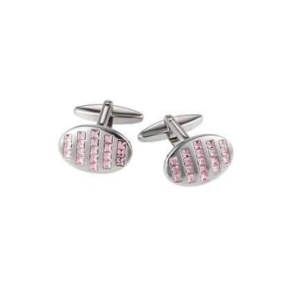 Rhodium Plated Pink Crystal Oval Cufflinks