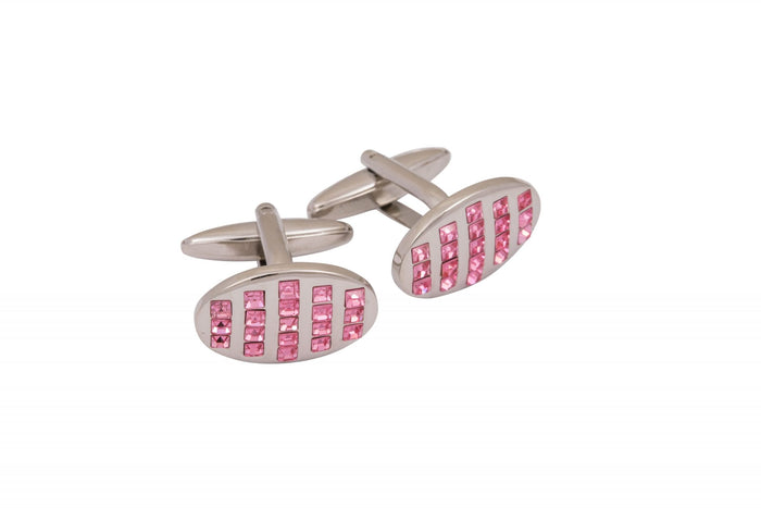 Rhodium Plated Pink Crystal Oval Cufflinks