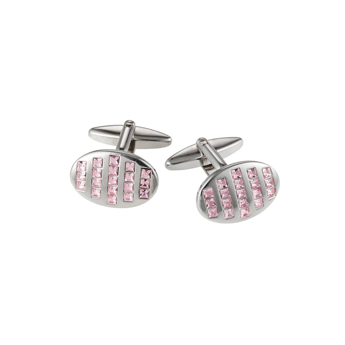 Rhodium Plated Pink Crystal Oval Cufflinks