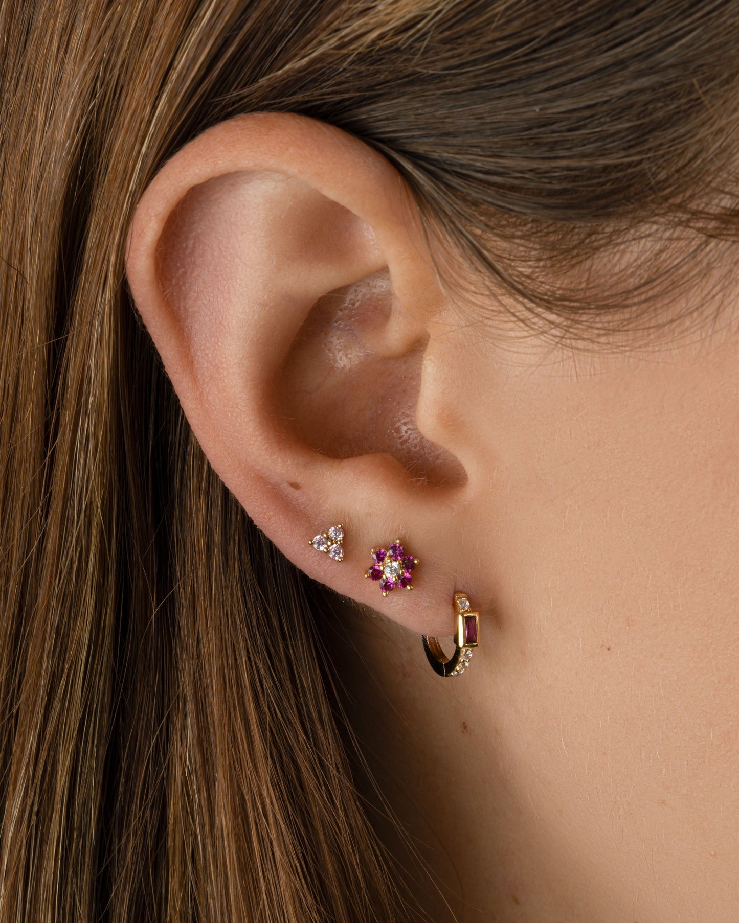 Tiny Rose 3 Stone Studs
