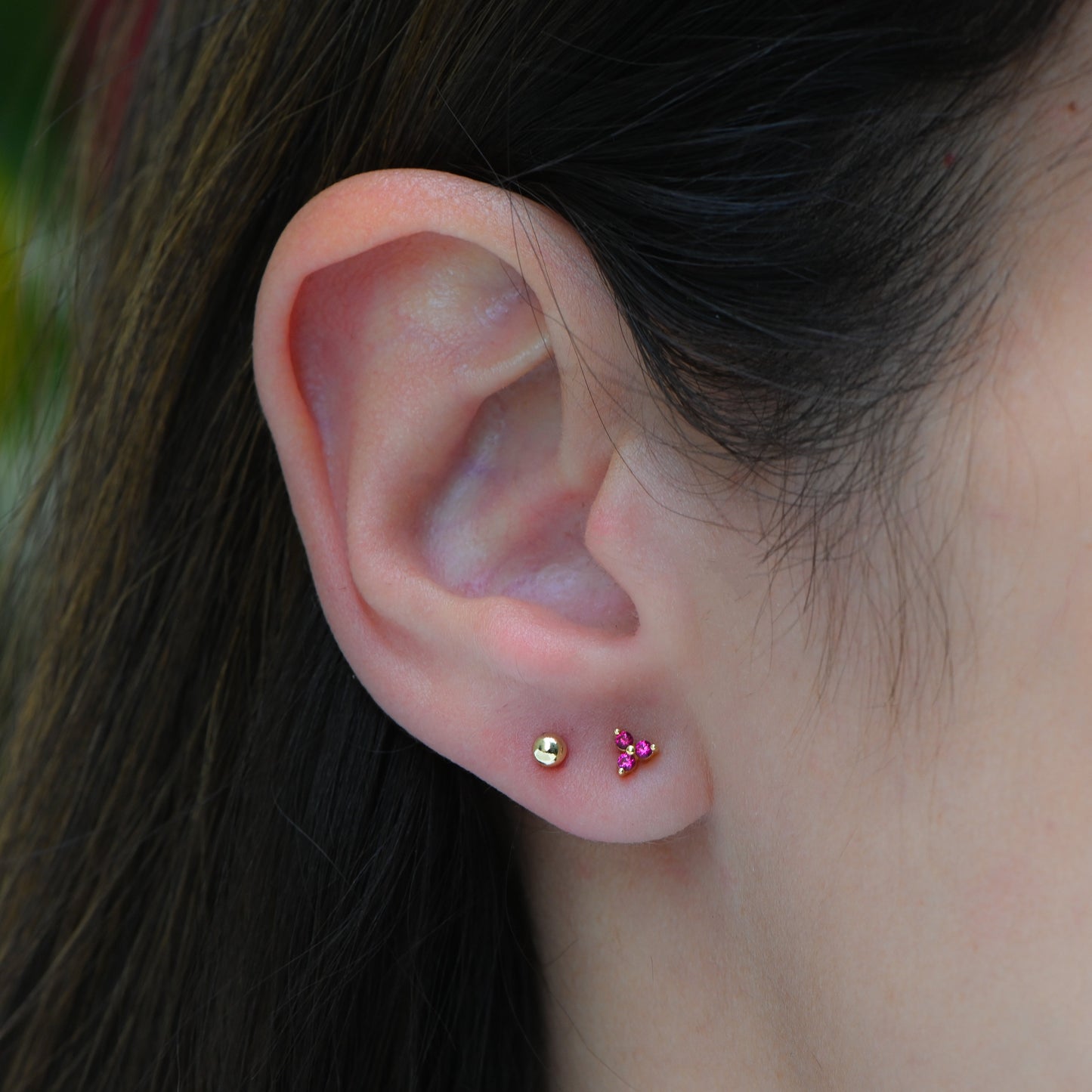 Tiny Ruby 3 Stone Studs