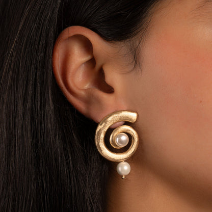 Open Spiral Pearl Earrings w/ Charm