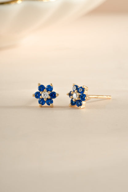 Sapphire Flower Stud W/ CZ Center Stone