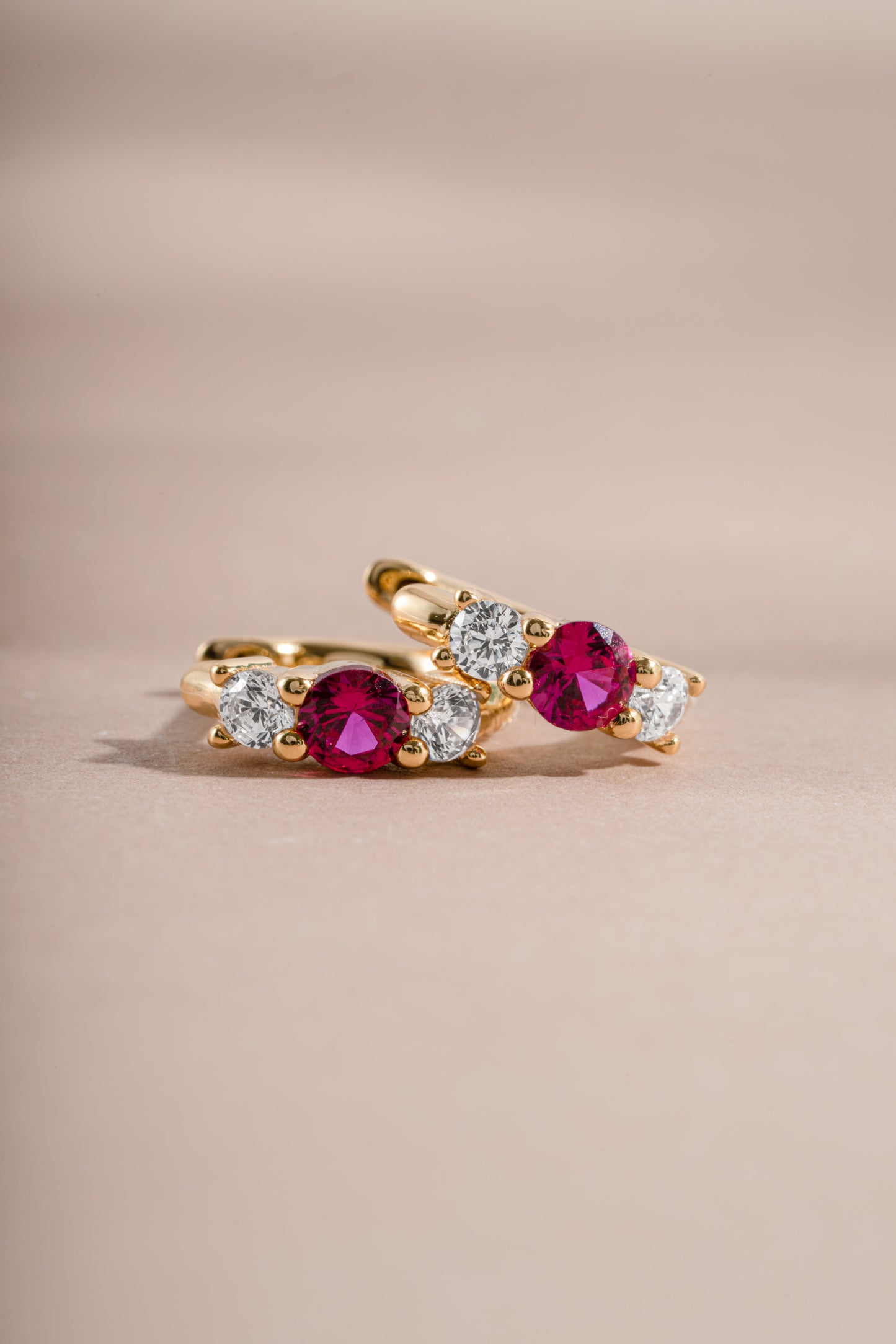 Ruby Three Stone Huggie Hoops