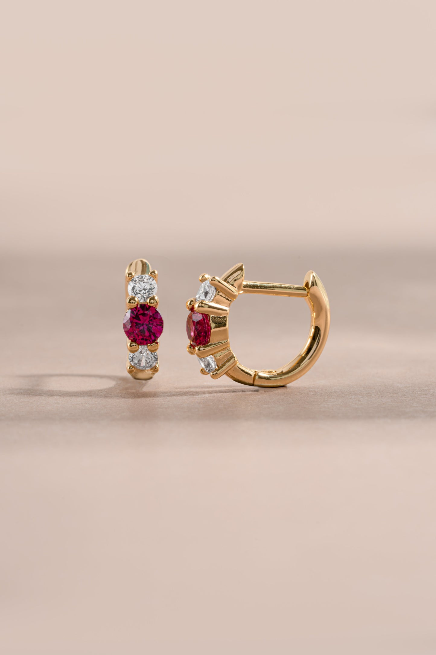 Ruby Three Stone Huggie Hoops