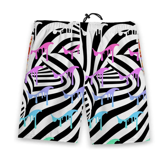 SFW Cereal Men's Gym Shorts - The specific "Ahegao-adjacent" facial expression parody paired with the trickling white milk stream, contrasted against the #FF69B4 neon drips transitioning to #00FFFF electric cyan, set against #000000 obsidian black and #FFFFFF optic white warping stripes.