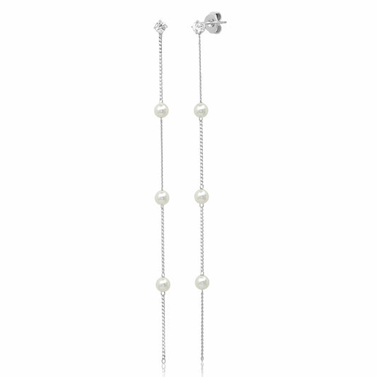 Sterling Silver Linear Dangle Earring With Fresh Water Pearl Stations