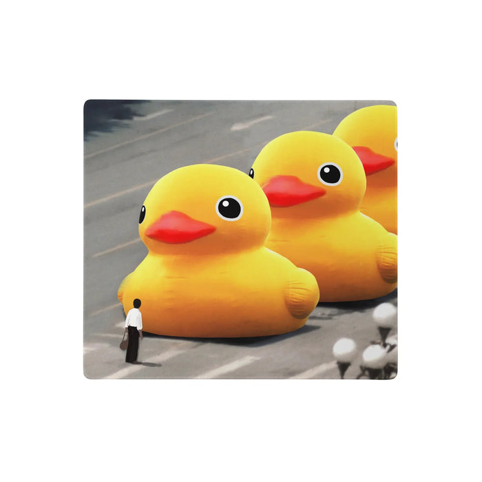 Tank Man Ducky Desk Mats - The stark compositional parody of a lone figure in a white shirt blocking a column of colossal dandelion yellow (#FEDC00) bath toys with tangerine orange (#FF5733) beaks.