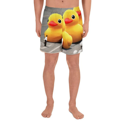 Tank Man Ducky Men's Gym Shorts in Urban Canary Yellow. OEKO-TEX® 100, REACH Compliant, Zero-Wastewater Printing.