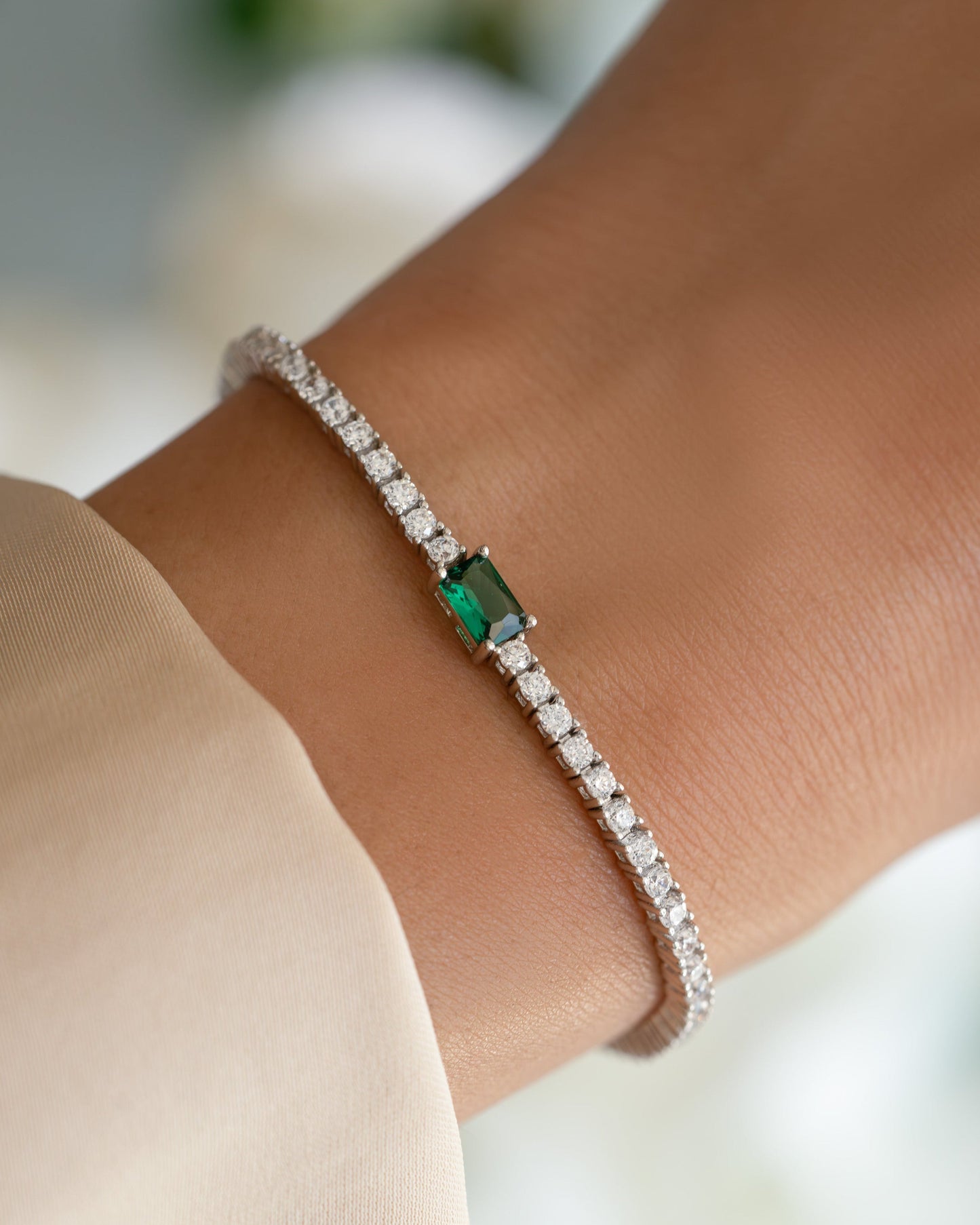 Tennis Bracelet with Emerald Baguette Charm