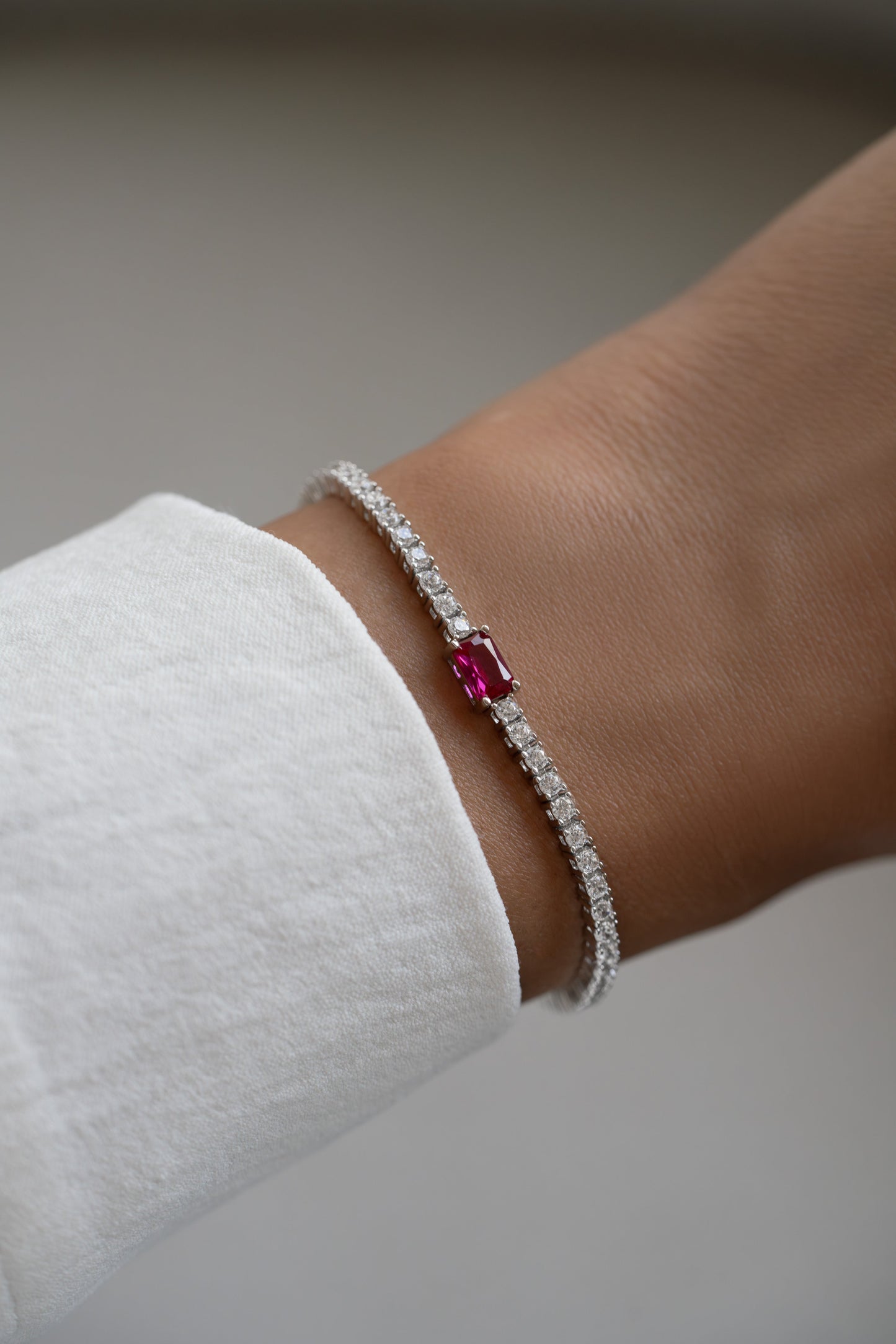 Tennis Bracelet with Ruby Baguette Charm