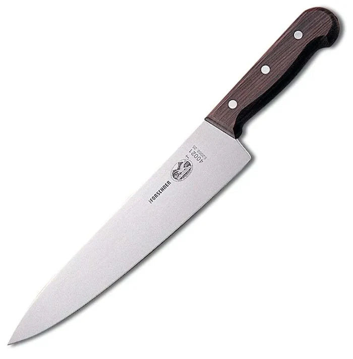 Victorinox chef's knife with an 8 inch blade and a brown wooden handle.