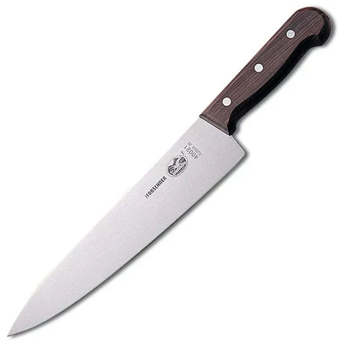 Victorinox chef's knife with an 8 inch blade and a brown wooden handle.