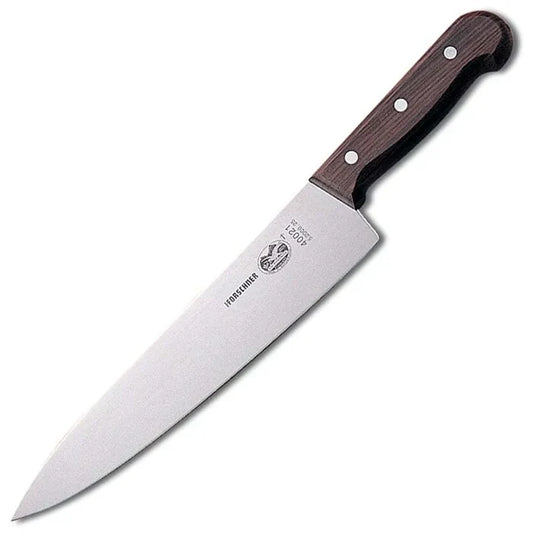 Victorinox chef's knife with an 8 inch blade and a brown wooden handle.