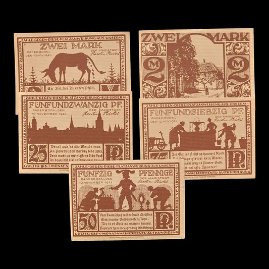 Weimar Germany, City of Paderborn, Lot of Five Notgeld Notes - 1921 CE - Weimar Republic