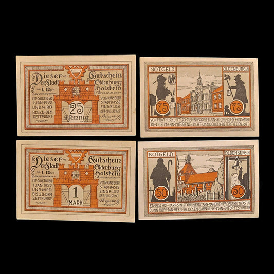 Weimar Germany, Oldenburg in Holstein, Lot of Four Notgeld Notes - 1922 CE - Weimar Republic